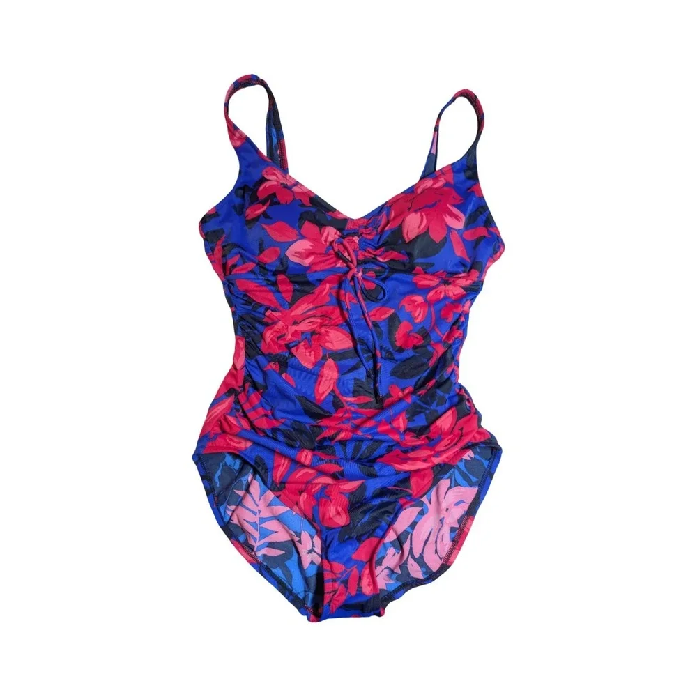 ⭐D4 Aqua Green Women's Cinch-Front One Piece Swimsuit Pink & Blue Floral Medium